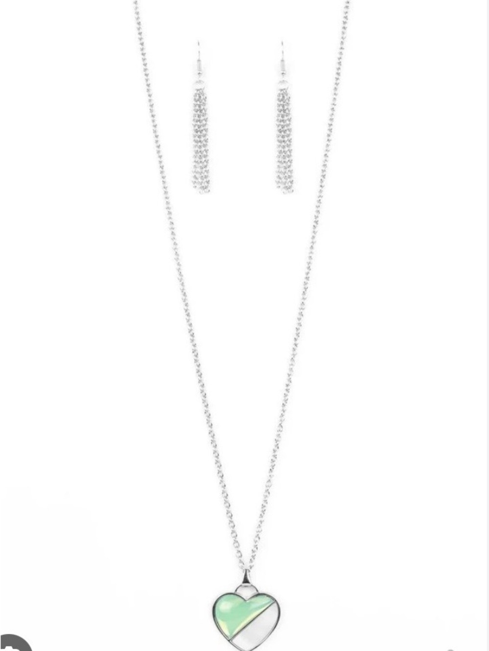 paparazzi Silver Tone Heart Necklace & Drop Earrings in Green and White